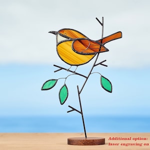 Stained glass Carolina wren on the wooden stand Stained glass bird Home and garden decor.