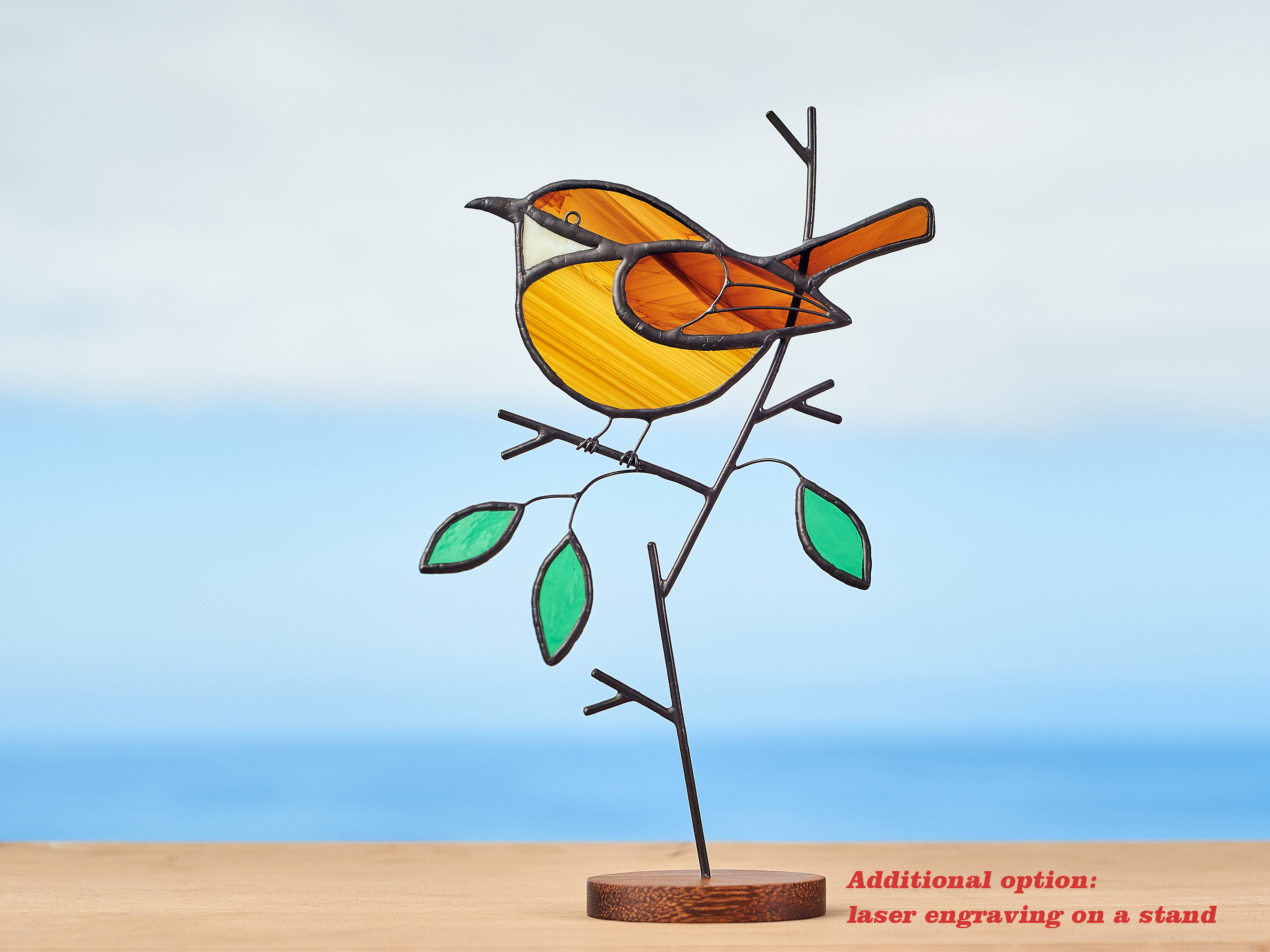 Stained glass Carolina wren on the wooden stand Stained glass bird Home and garden decor.