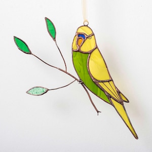 Stained glass green budgie parrot on the branch Stained glass parakeet  Home decoration   Bird suncatcher  Window hangings.