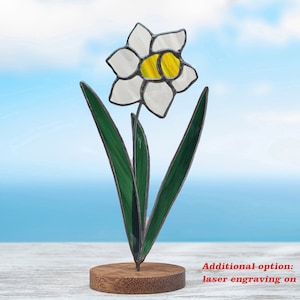 Stained glass white daffodil on the wooden stand Stained glass  suncatcher Flower decoration.