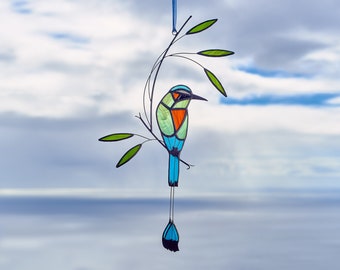 Stained glass Turquoise Browed Motmot on the branch Garden ornament Bird suncatcher  Window hangings  Porch hanging.