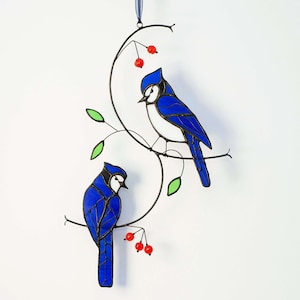 Stained glass blue jay with handmade beads on the branch Stained glass bird suncatcher Porch hanging Window hanging