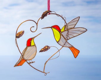 Hummingbirds Stained glass suncatcher in the heart Bird stained glass window hangings decor Porch hanging.