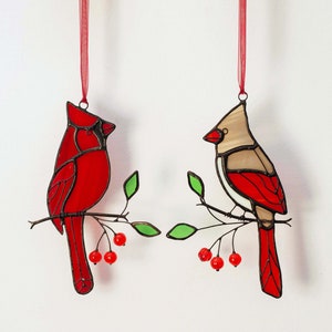 Stained glass pair of cardinals with handmade beads on the branch Memorial gift Stained glass bird Porch decoration Bird suncatcher.