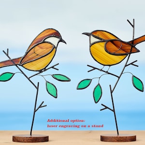 Stained glass Carolina wren pair on the wooden stand Stained glass bird Home and garden decor.