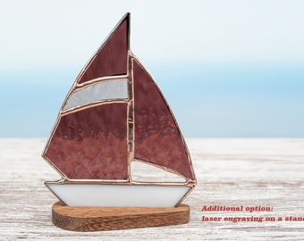 Stained glass sailboat on the wooden stand Sailboat suncatcher  Home decoration Father's day gift Yacht suncatcher.