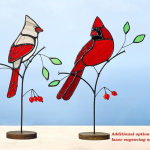 Stained glass pair of cardinals with handmade beads on the wooden stand  Gift for mom Stained glass bird Porch decor Bird suncatcher  .