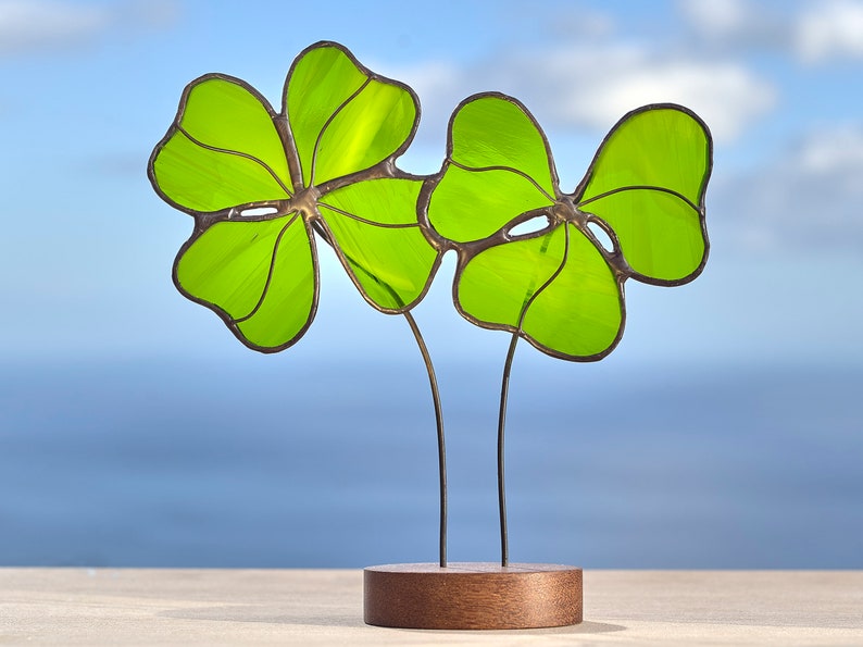 Stained glass Clover leaves on the wooden stand St Patrick's Day gift Stained glass suncatcher Window decoration Symbol of good luck image 3