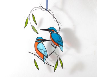 Stained glass pair of kingfishers on the branch Stained glass bird  Garden ornament Bird suncatcher  Window hangings  Father’s Day gift.