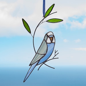 Stained glass Blue Grey budgie parrot on the branch Stained glass parakeet Stained glass garden decoration Bird suncatcher Porch hanging.