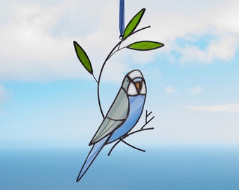 Stained glass Blue Grey budgie parrot on the branch Stained glass parakeet Stained glass garden decoration Bird suncatcher Porch hanging.