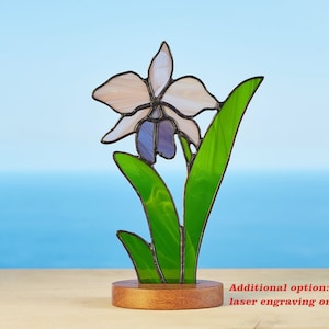 Stained glass purple orchid on the wooden stand Stained glass suncatcher Personalized gift Flower decoration