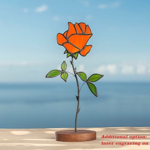 Stained glass Orange Rose on the wooden stand Stained glass  suncatcher Flower decoration Personalized gift