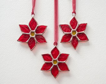 Stained glass poinsettia set , suncatcher Christmas tree decoration,  holiday window decorations.