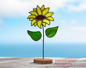 Stained glass  Sunflower on the wooden stand Stained glass  suncatcher