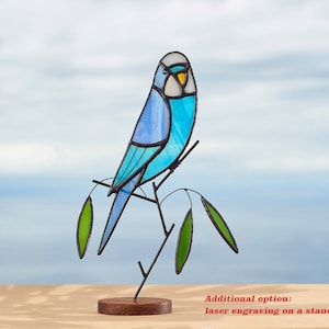 Stained glass budgie parrot on the wooden stand Stained glass parakeet  Home decoration   Bird suncatcher  Memorial gift .