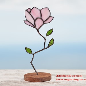Stained glass Magnolia on the wooden stand Stained glass  suncatcher Flower decoration Personalized gift