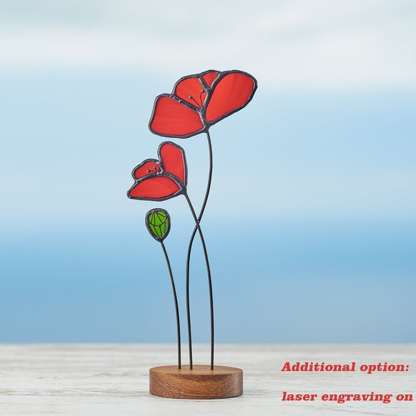 Stained glass Red poppies on the wooden stand Stained glass  suncatcher Window decoration