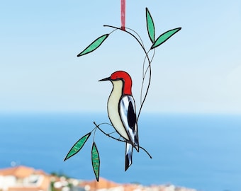 Stained glass woodpecker on the branch Porch decoration Stained glass bird Bird suncatcher