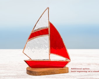 Stained glass sailboat with a red sail on the wooden stand Sailboat suncatcher  Yacht suncatcher Home decoration Father&#39;s day gift.