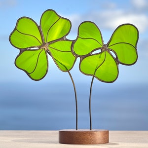 Stained glass Clover leaves on the wooden stand St Patrick's Day gift Stained glass suncatcher Window decoration Symbol of good luck image 5
