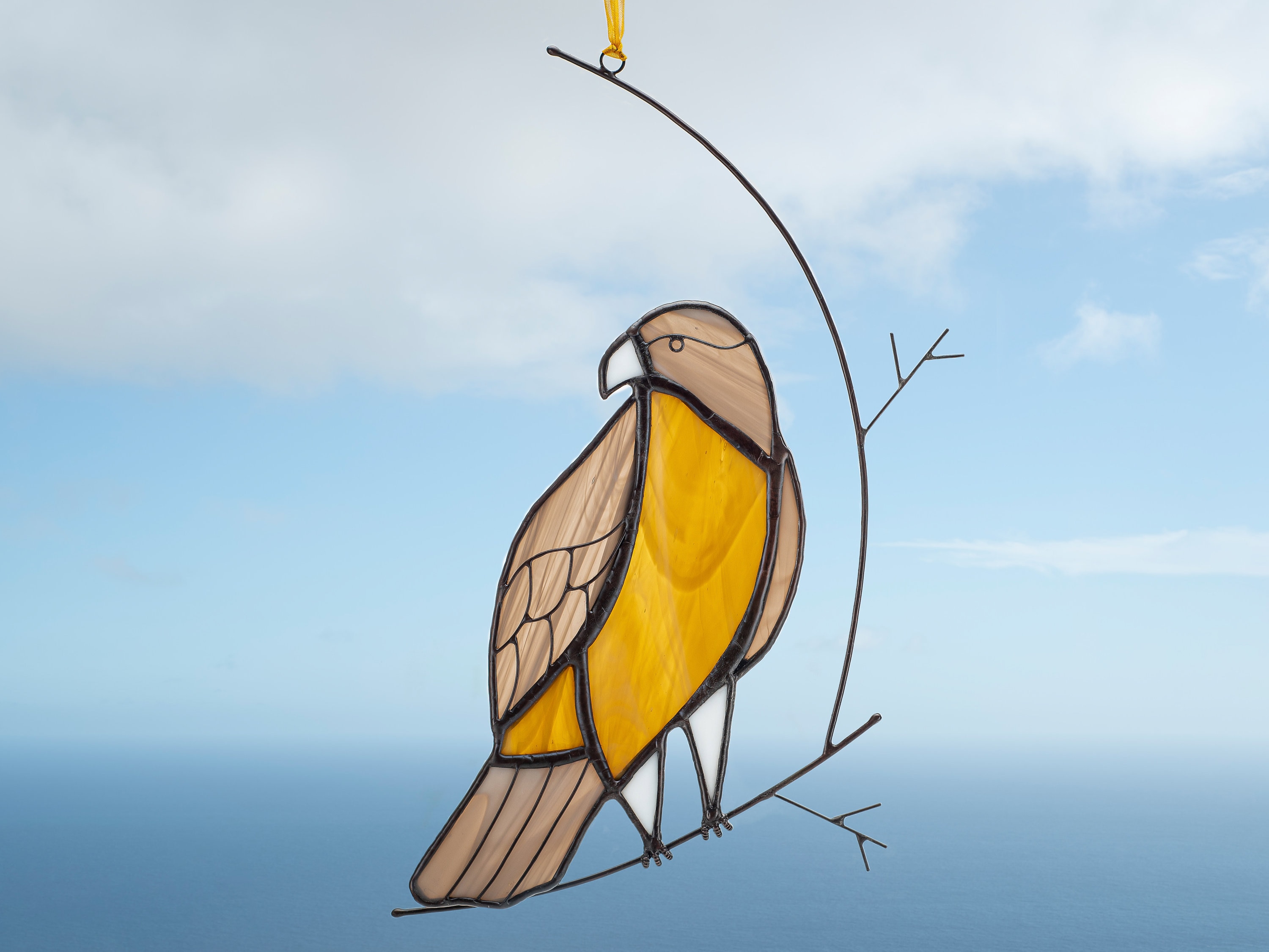 Stained glass hawk on the branch Hawk stained glass suncatcher Window hanging  Bird suncatcher.