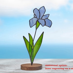 Stained glass  blue iris on the wooden stand Stained glass suncatcher Window decoration
