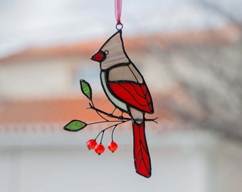 Details about   Red Cardinal Faux Stained Glass Christmas Handmade Glass Pendant Necklace 