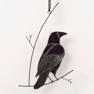 Stained glass raven on the branch Crow stained glass suncatcher Window hanging Garden decoration Bird suncatcher Gothic window. Grey-white