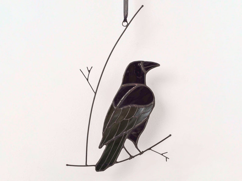 Stained glass raven on the branch Crow stained glass suncatcher Window hanging Garden decoration Bird suncatcher Gothic window. Grey-white