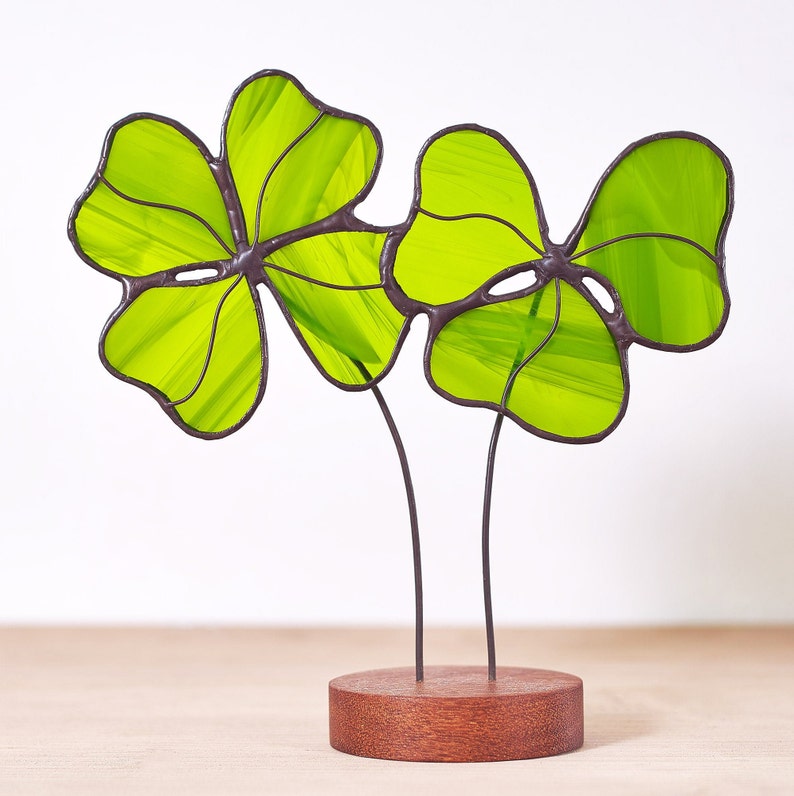 Stained glass Clover leaves on the wooden stand St Patrick's Day gift Stained glass suncatcher Window decoration Symbol of good luck image 7