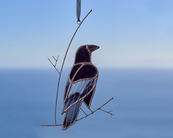 Stained glass raven on the branch Crow stained glass suncatcher Window hanging Garden decoration Bird suncatcher Gothic window.