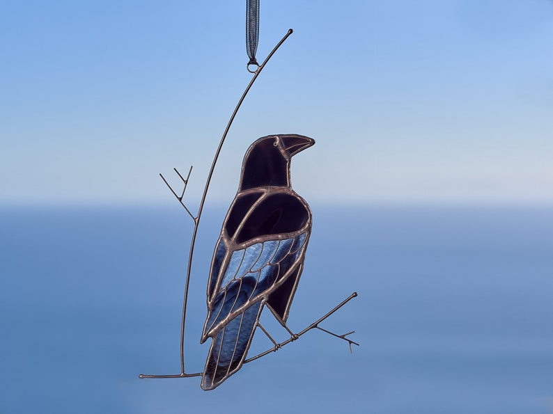 Stained glass raven on the branch Crow stained glass suncatcher Window hanging Garden decoration Bird suncatcher Gothic window. image 1