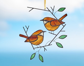 Stained glass pair of Carolina wren on the branch Window hanging Stained glass bird Home and garden decor.