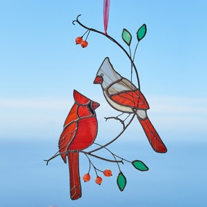 Stained glass pair of cardinals with handmade beads on the branch Mother&#39;s day gift Stained glass bird  Porch hanging Bird suncatcher .