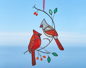 Stained glass pair of cardinals with handmade beads on the branch Mother's day gift Stained glass bird  Porch hanging Bird suncatcher .