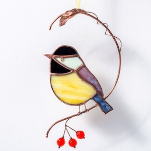 Chickadee stained glass birds with handmade beads on the branch Garden decor   Bird suncatcher  Window hangings  Porch hanging.