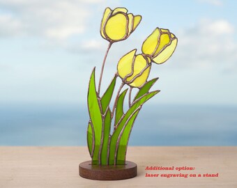 Stained glass  Yellow tulips on the wooden stand Stained glass  suncatcher Flower decoration.