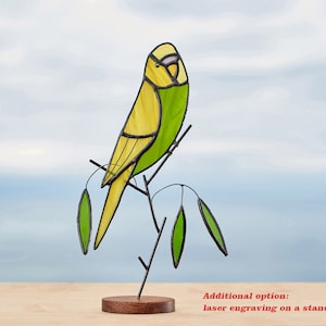 Stained glass budgie parrot on the wooden stand Stained glass parakeet  Home decoration   Bird suncatcher  Memorial gift .