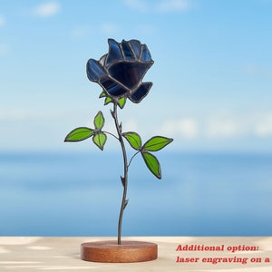 Stained glass Black Rose on the wooden stand Stained glass  suncatcher Flower decoration Personalized gift