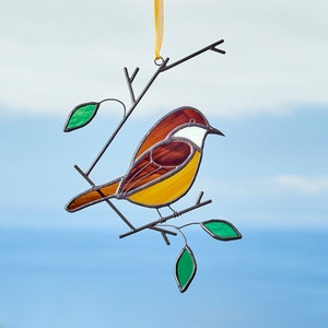 Stained glass Carolina wren on the branch Window hanging Stained glass bird Home and garden decor.