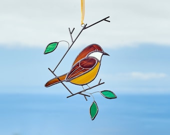 Stained glass Carolina wren on the branch Window hanging Stained glass bird Home and garden decor.