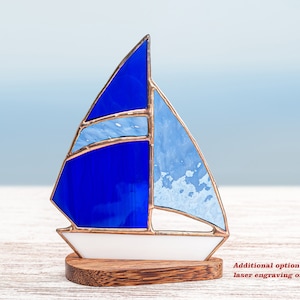 Stained glass sailboat on the wooden stand  Yacht suncatcher Home decoration Sailboat suncatcher Father's day gift.