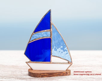 Stained glass sailboat on the wooden stand  Yacht suncatcher Home decoration Sailboat suncatcher Father's day gift.