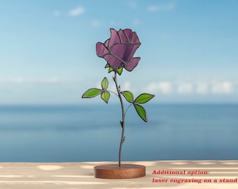 Stained glass Purple Rose on the wooden stand Stained glass  suncatcher Flower decoration Personalized gift