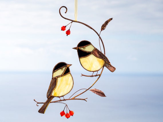 Chickadee Stained Glass Birds on the Branch Garden Decoration Bird  Suncatcher Window Hangings Porch Hanging. 