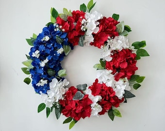 24" Faux Floral Wreath, Red White Blue Hydrangea, Patriotic Decor