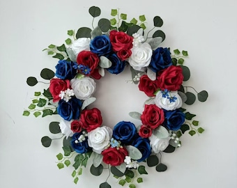 22" Faux Floral Wreath, Red White Blue Roses, Front Door Decor