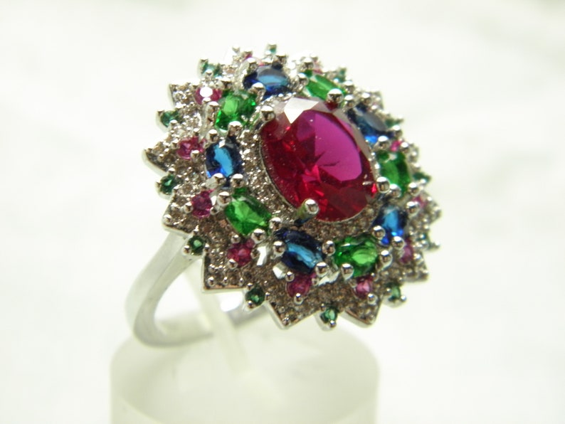 SALE Sterling Silver Ruby Diamond Cluster Ring Band Huge Statement Vintage Solid 925 Size U 10.25