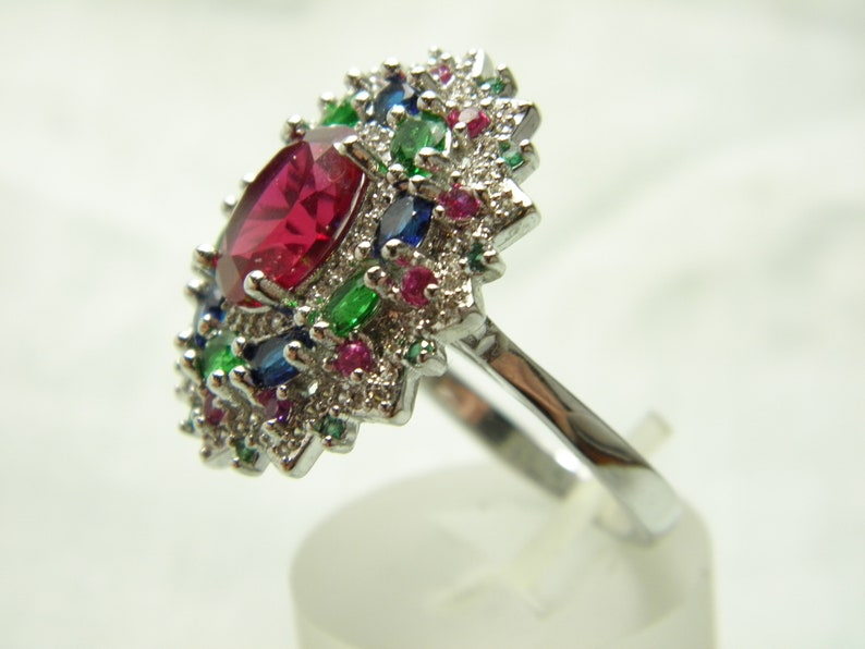 SALE Sterling Silver Ruby Diamond Cluster Ring Band Huge Statement Vintage Solid 925 Size U 10.25